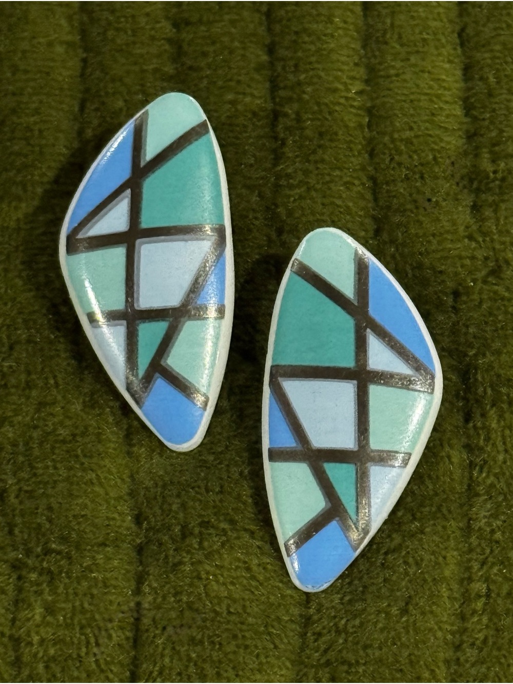 Vintage 80s Earrings with Blue, Teal and Silver Geometric Pattern Inlay